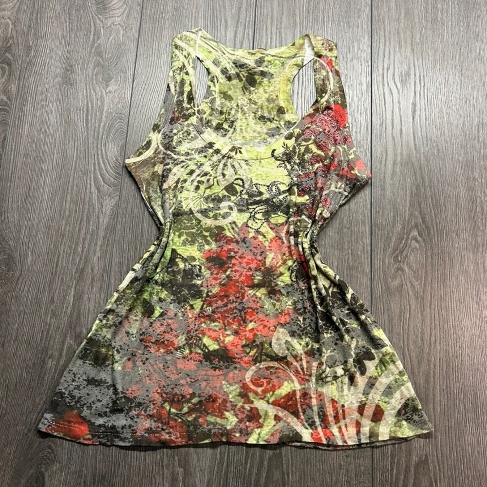 Y2K Green Floral Rhinestone Racerback Tank Top Medium Sleeveless Ribbed Knit